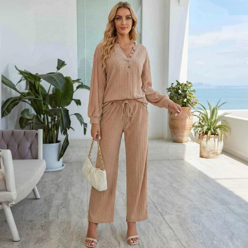 Khaki Ribbed Henley Lounge Set