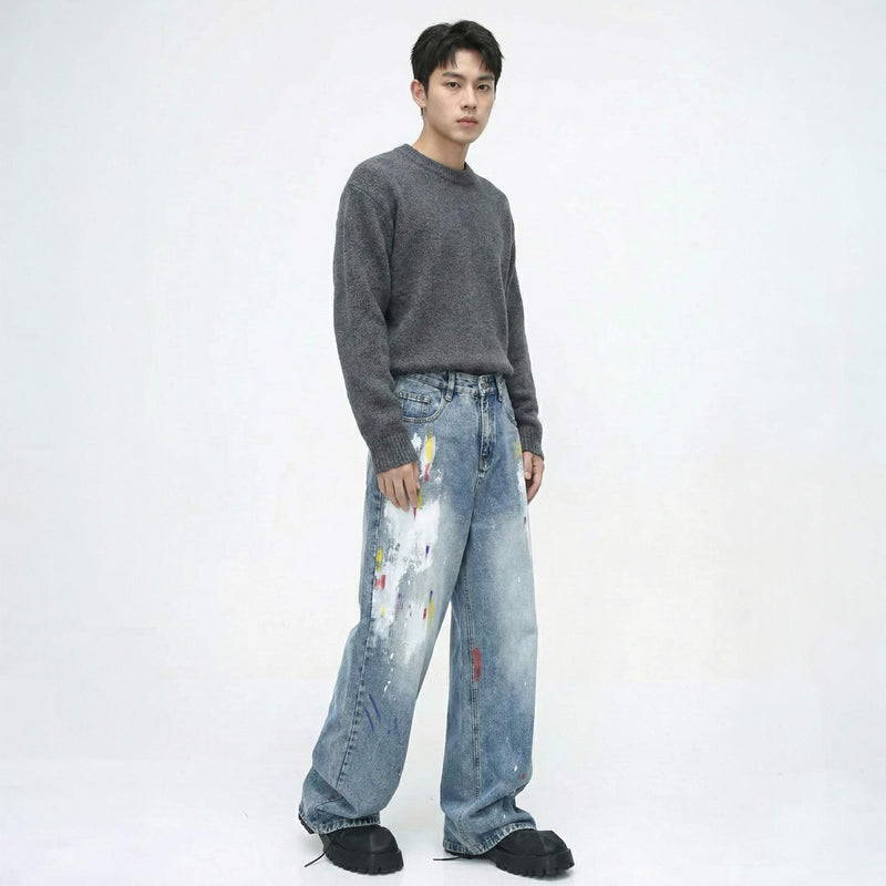 Paint Splatter Wide-Leg Denim Jeans - Artistic Streetwear Fit