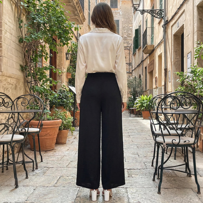 Belted Textured High Waist Wide Leg Pants - Elegant Office Fit