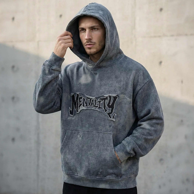 Mentality Graphic Acid Wash Distressed Hoodie
