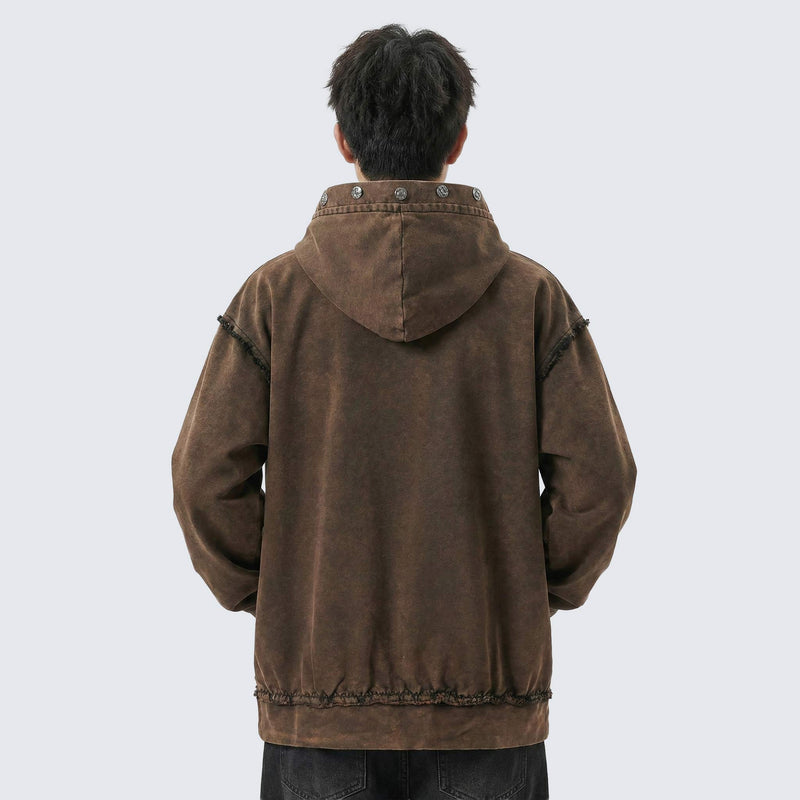 Vintage Wash Buttoned Hoodie with Raw Hems