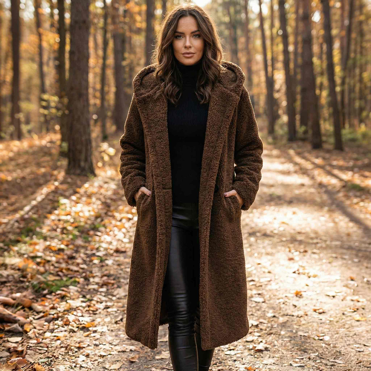 Hooded Teddy Bear Long Coat - Cozy Sherpa Outerwear