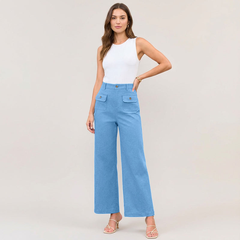 High Waist Wide Leg Trousers with Gold Button Details