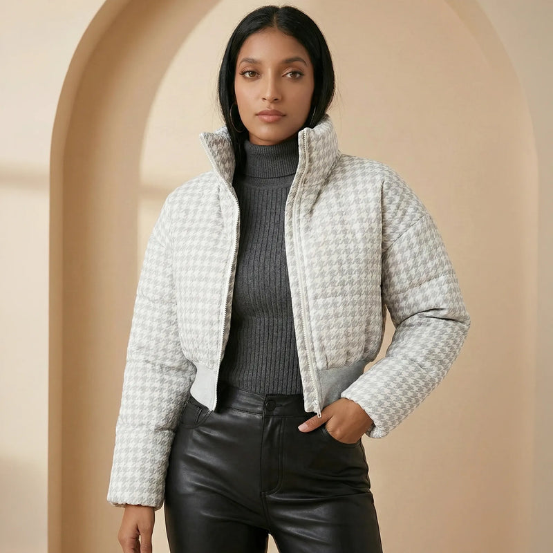 Houndstooth Cropped Zip-Up Jacket - Chic Winter Layer