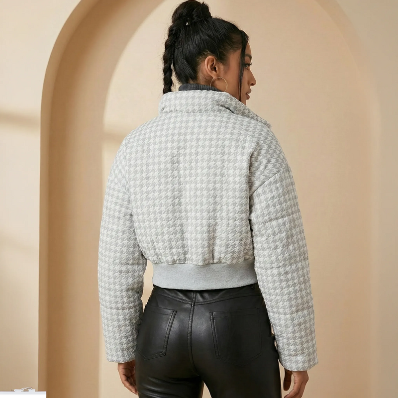 Houndstooth Cropped Zip-Up Jacket - Chic Winter Layer