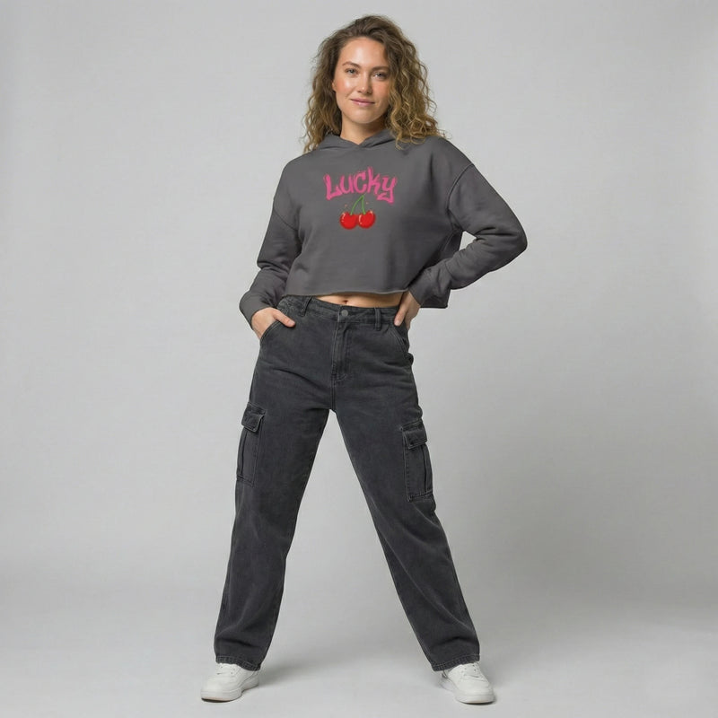 "LUCKY" Cherry Graphic Crop Hoodie