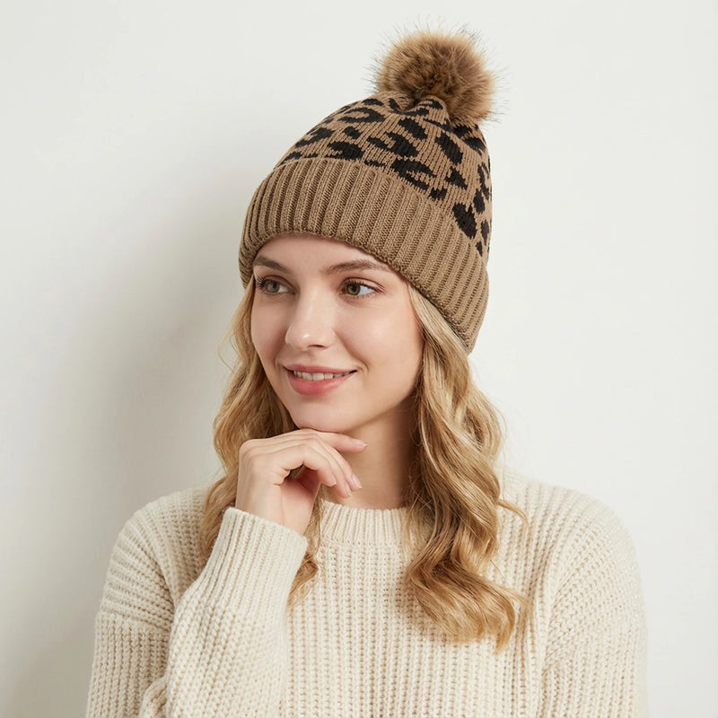 Leopard Print Pom-Pom Beanie with Faux Fur Detail