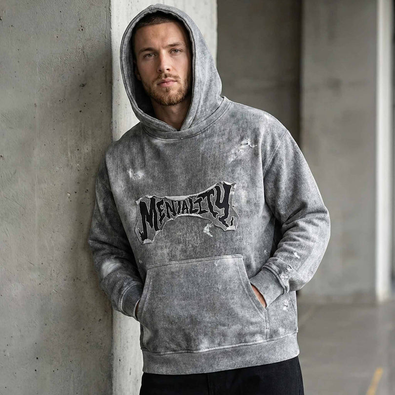 Mentality Graphic Acid Wash Distressed Hoodie