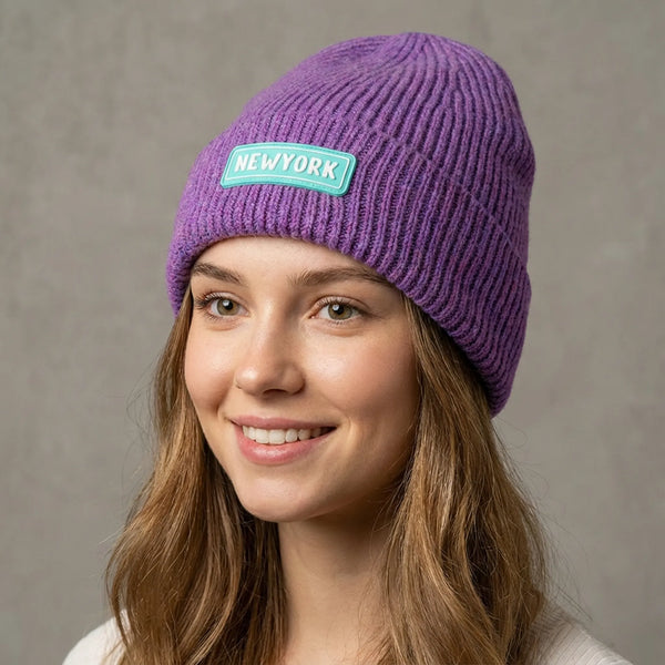 NEWYORK Patch Rib-Knit Beanie - Unisex Winter Hat