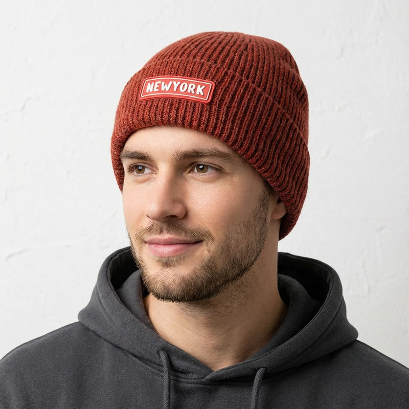 NEWYORK Patch Rib-Knit Beanie - Unisex Winter Hat