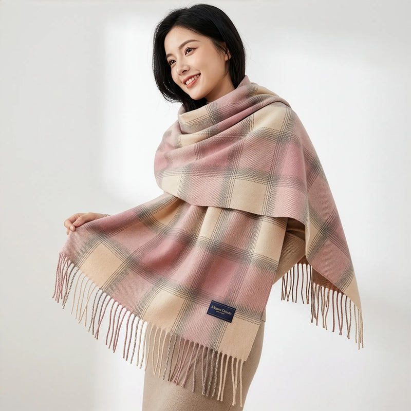 Oversized Plaid Fringe Blanket Scarf - Soft Cashmere Feel