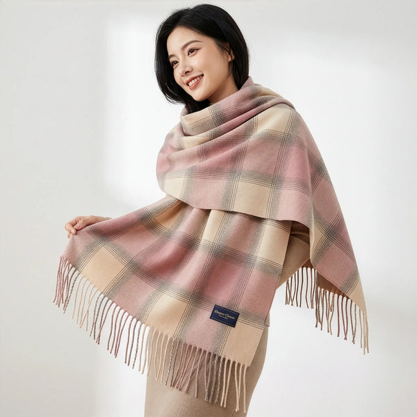 Oversized Plaid Fringe Blanket Scarf - Soft Cashmere Feel