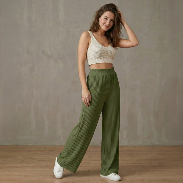 Ribbed Plisse High Waist Wide Leg Pants - Effortless Comfort