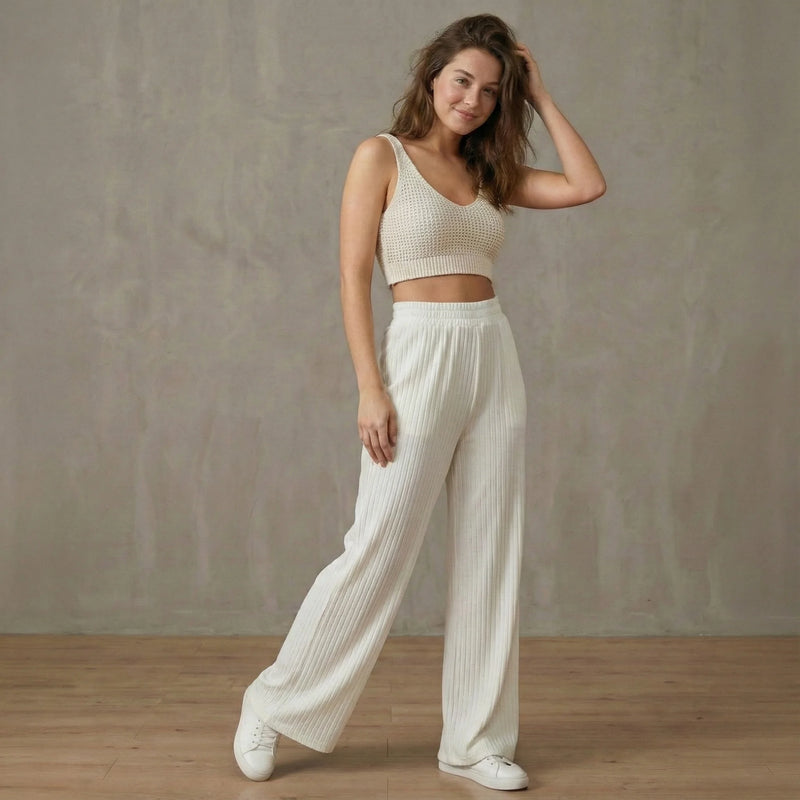 Ribbed Plisse High Waist Wide Leg Pants - Effortless Comfort