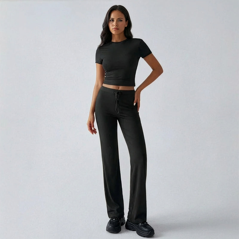 Solid Crop Top Wide Leg Pants Set