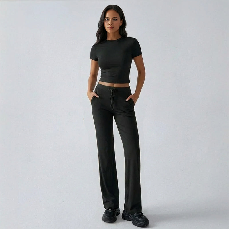 Solid Crop Top Wide Leg Pants Set