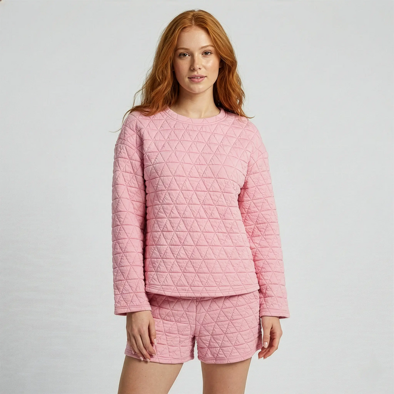 Textured Quilted Long Sleeve Shorts Set