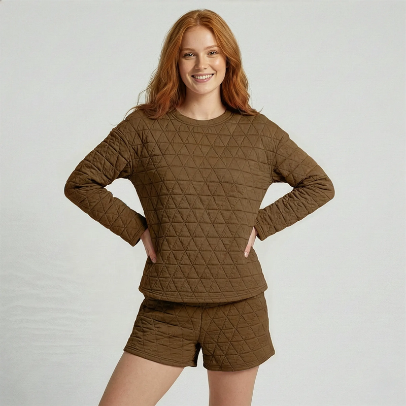 Textured Quilted Long Sleeve Shorts Set