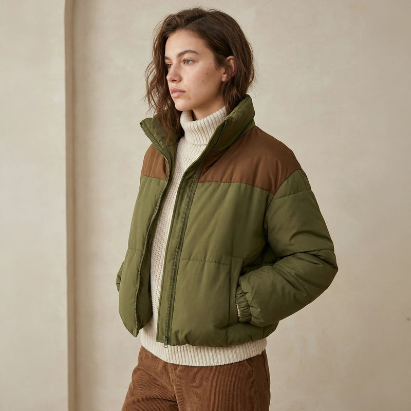 Two-Tone Colorblock Zip-Up Puffer Jacket - Retro Winter Coat