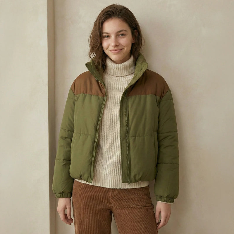 Two-Tone Colorblock Zip-Up Puffer Jacket - Retro Winter Coat