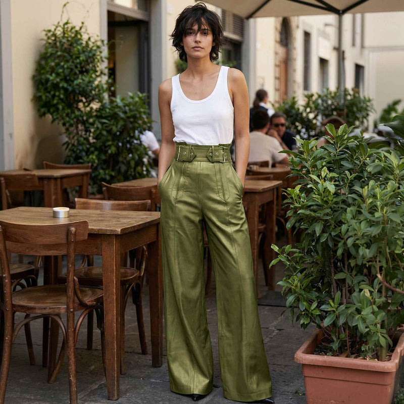 Belted High Waist Wide Leg Faux Leather Pants - Palazzo Fit