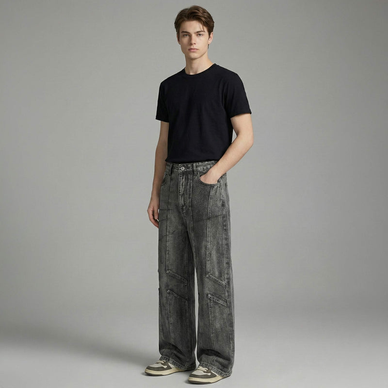 Washed Black Seam Detail Wide-Leg Jeans - Avant-Garde Fit