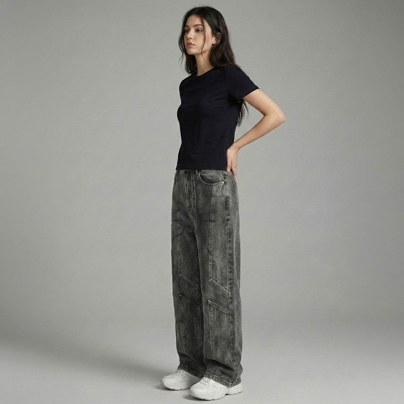 Washed Black Seam Detail Wide-Leg Jeans - Avant-Garde Fit