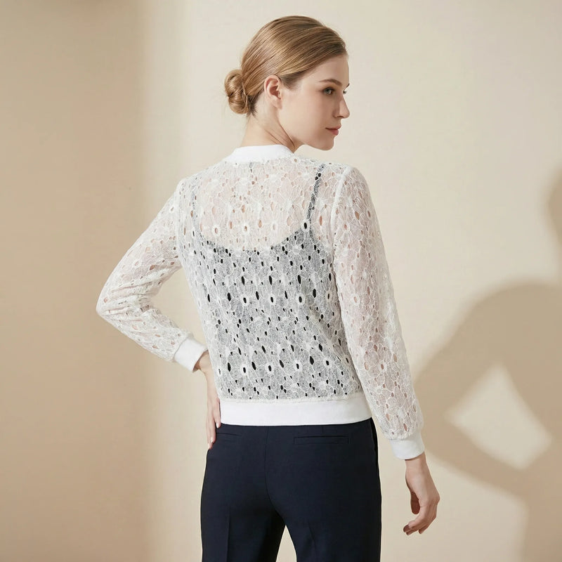 White Floral Lace Zip-Up Bomber Jacket - Chic Lightweight Layer