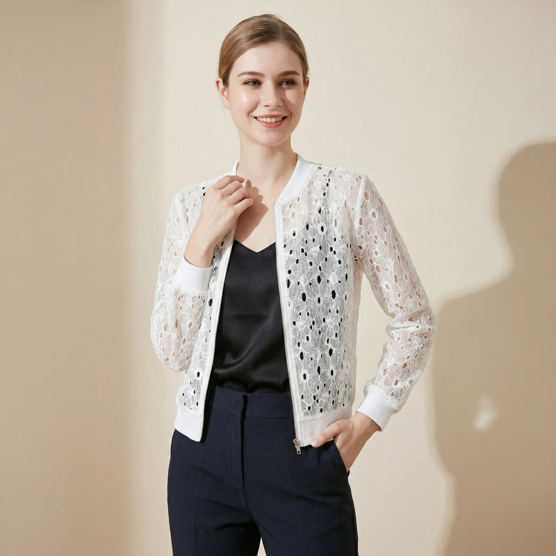 White Floral Lace Zip-Up Bomber Jacket - Chic Lightweight Layer