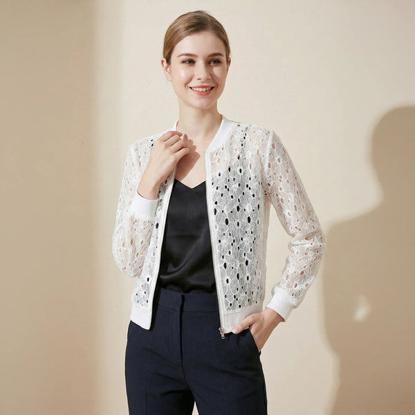White Floral Lace Zip-Up Bomber Jacket - Chic Lightweight Layer