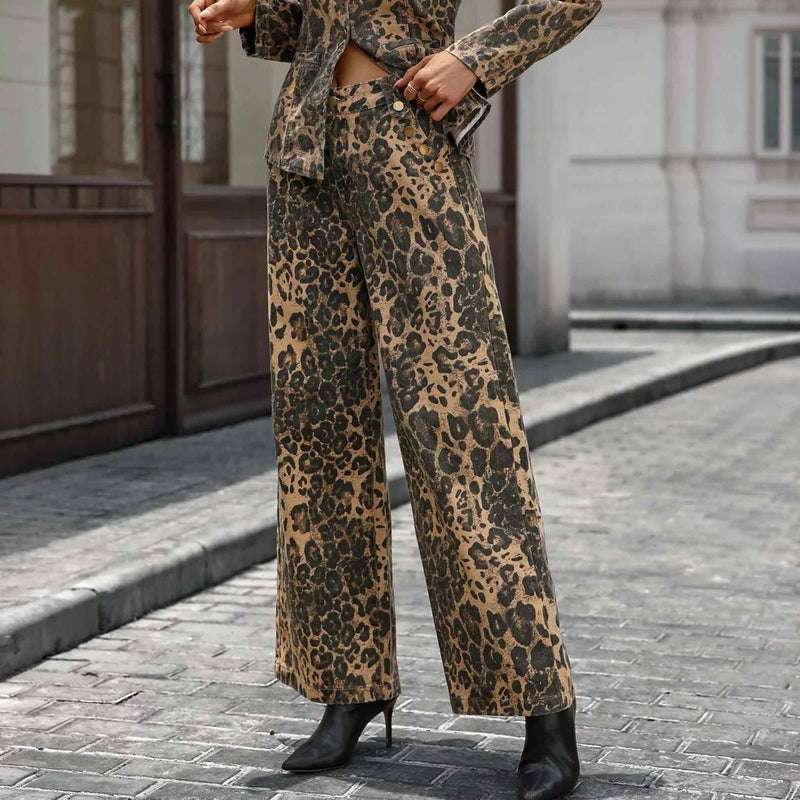 Leopard Print Wide-Leg Trousers - High Waist Statement Pants