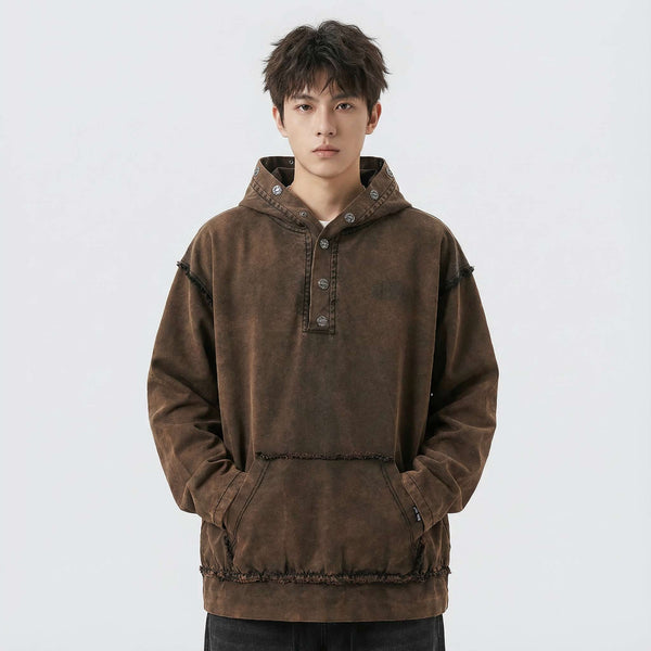 Vintage Wash Buttoned Hoodie with Raw Hems