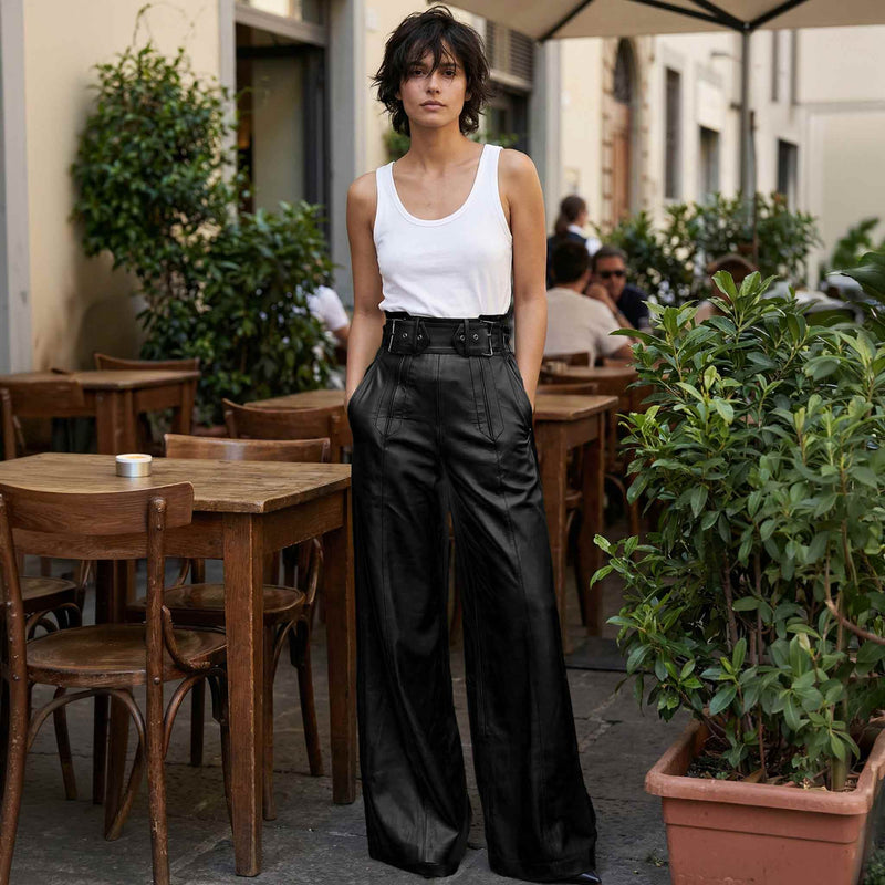 Belted High Waist Wide Leg Faux Leather Pants - Palazzo Fit